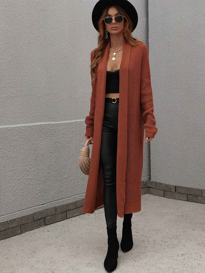 Waffle Knit Open Front Duster Cardigan With Pockets - aurelia-clothing-8955