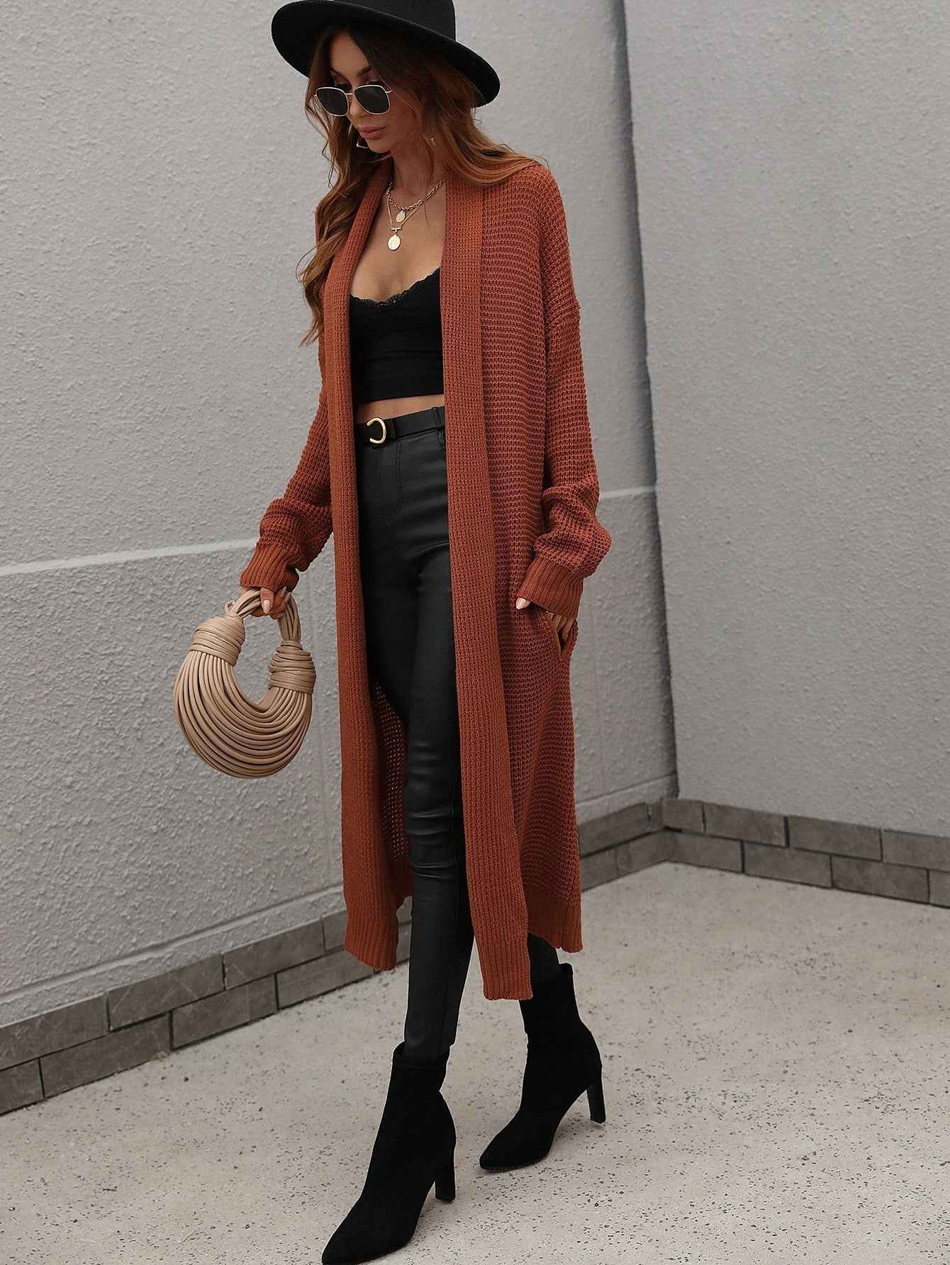 Waffle Knit Open Front Duster Cardigan With Pockets - aurelia-clothing-8955