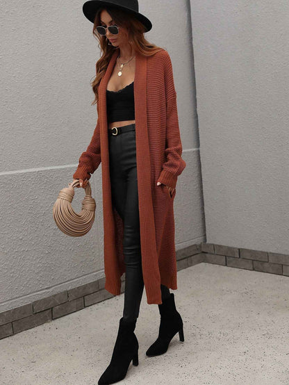 Waffle Knit Open Front Duster Cardigan With Pockets - aurelia-clothing-8955