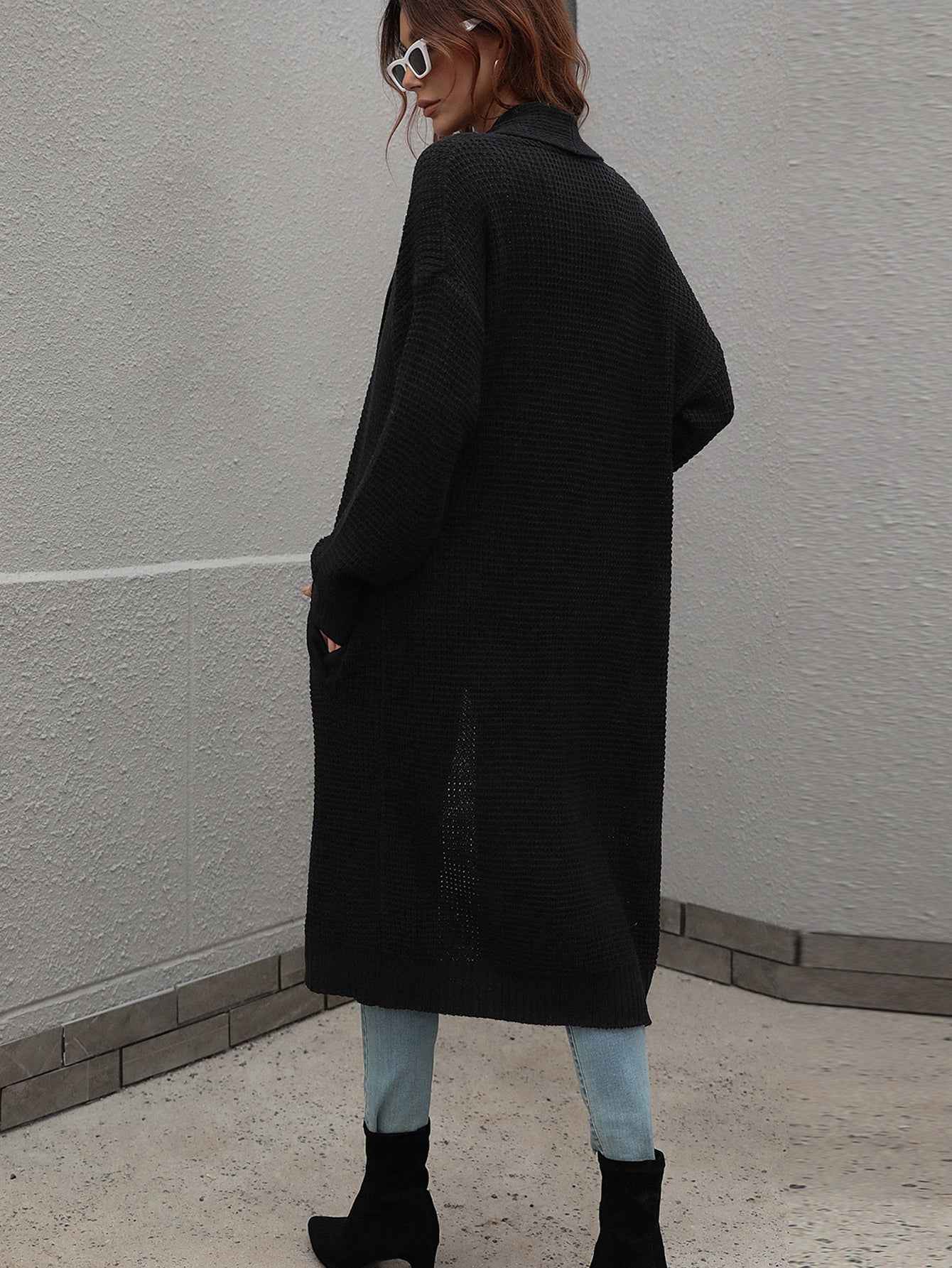 Waffle Knit Open Front Duster Cardigan With Pockets - aurelia-clothing-8955