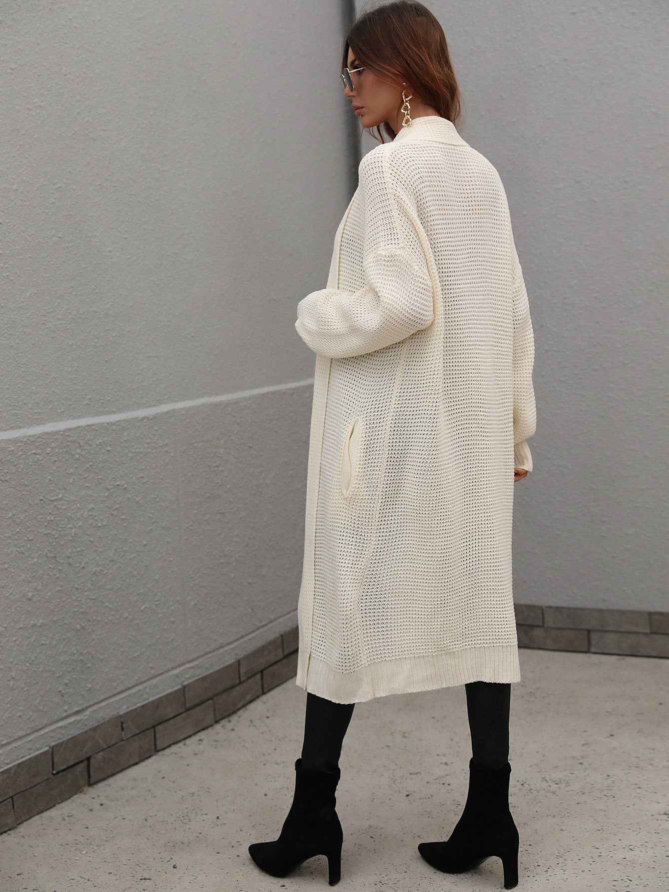 Waffle Knit Open Front Duster Cardigan With Pockets - aurelia-clothing-8955