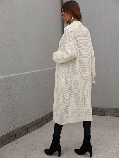 Waffle Knit Open Front Duster Cardigan With Pockets - aurelia-clothing-8955
