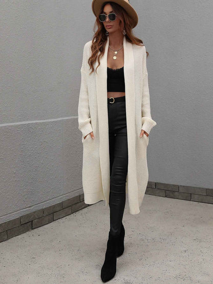 Waffle Knit Open Front Duster Cardigan With Pockets - aurelia-clothing-8955