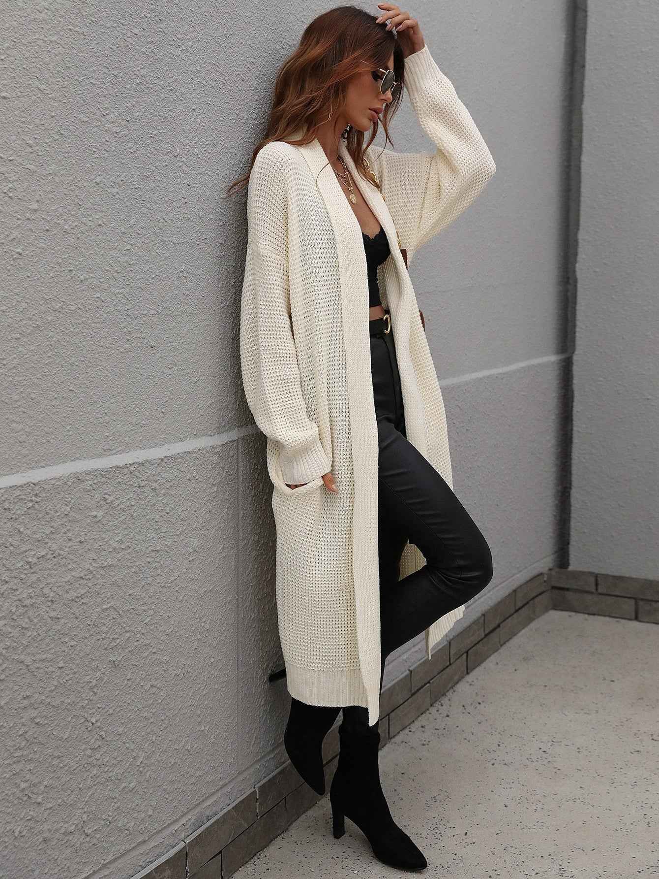 Waffle Knit Open Front Duster Cardigan With Pockets - aurelia-clothing-8955