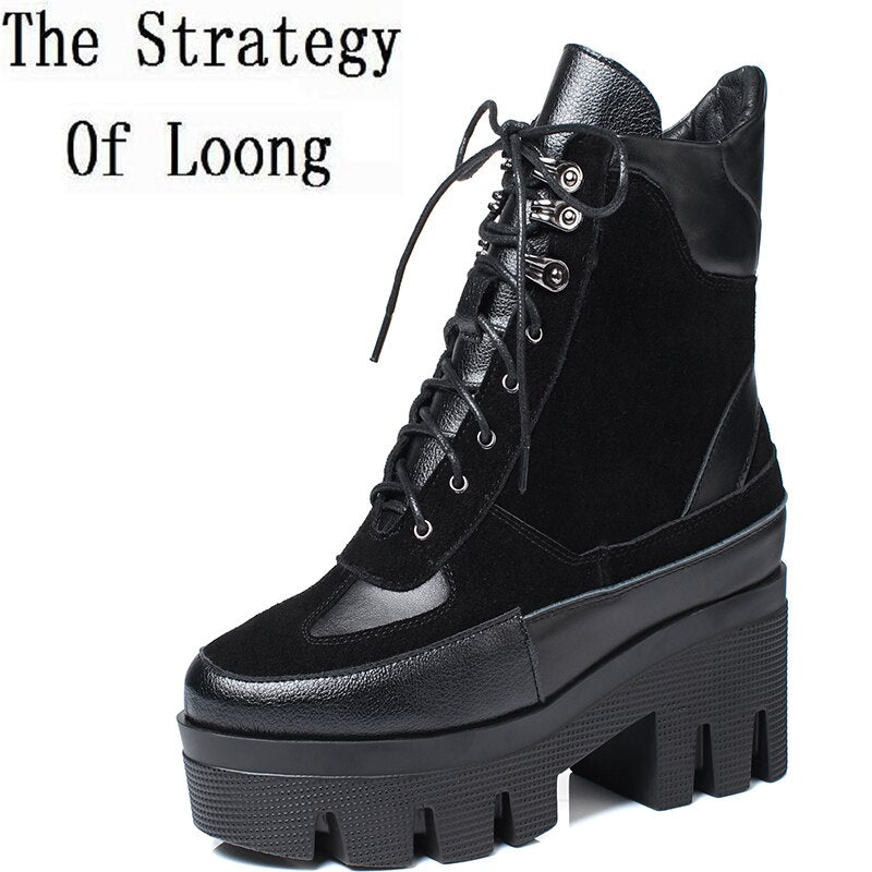 Winter Cow Leather Lace-up Women Chunky Platform Genuine Leather Ankle Boots Spring Autumn Real Leather Short Boots - Free Shipping - aurelia-clothing-8955