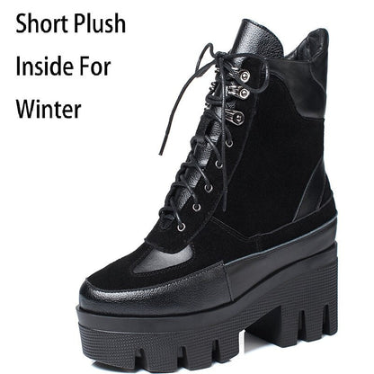 Winter Cow Leather Lace-up Women Chunky Platform Genuine Leather Ankle Boots Spring Autumn Real Leather Short Boots - Free Shipping - aurelia-clothing-8955