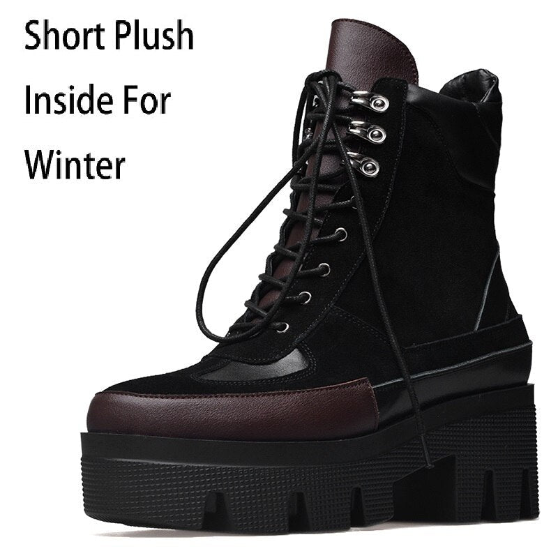 Winter Cow Leather Lace-up Women Chunky Platform Genuine Leather Ankle Boots Spring Autumn Real Leather Short Boots - Free Shipping - aurelia-clothing-8955