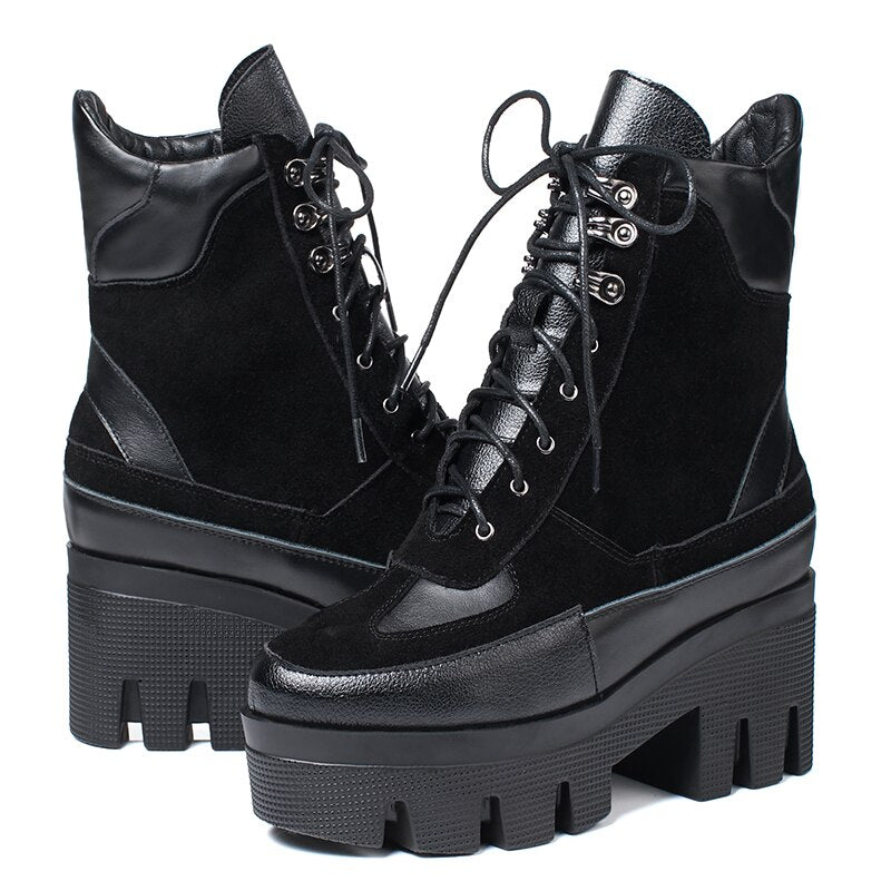 Winter Cow Leather Lace-up Women Chunky Platform Genuine Leather Ankle Boots Spring Autumn Real Leather Short Boots - Free Shipping - aurelia-clothing-8955