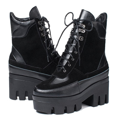 Winter Cow Leather Lace-up Women Chunky Platform Genuine Leather Ankle Boots Spring Autumn Real Leather Short Boots - Free Shipping - aurelia-clothing-8955