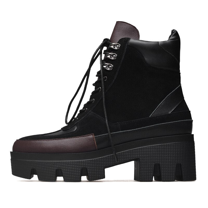 Winter Cow Leather Lace-up Women Chunky Platform Genuine Leather Ankle Boots Spring Autumn Real Leather Short Boots - Free Shipping - aurelia-clothing-8955
