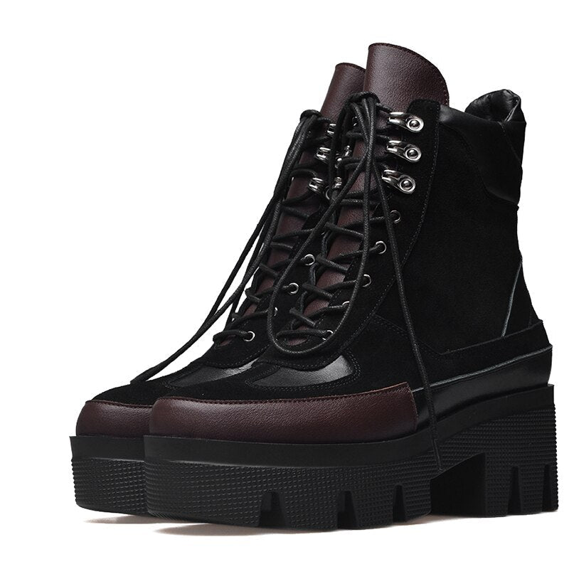 Winter Cow Leather Lace-up Women Chunky Platform Genuine Leather Ankle Boots Spring Autumn Real Leather Short Boots - Free Shipping - aurelia-clothing-8955