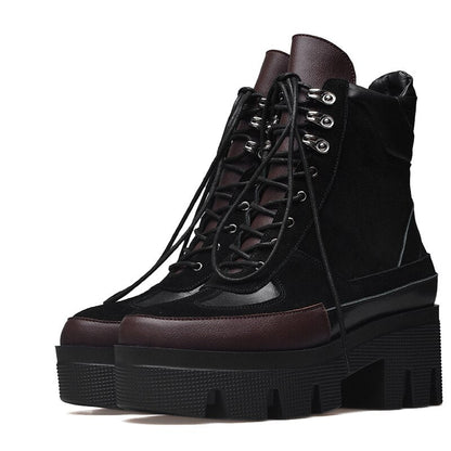 Winter Cow Leather Lace-up Women Chunky Platform Genuine Leather Ankle Boots Spring Autumn Real Leather Short Boots - Free Shipping - aurelia-clothing-8955