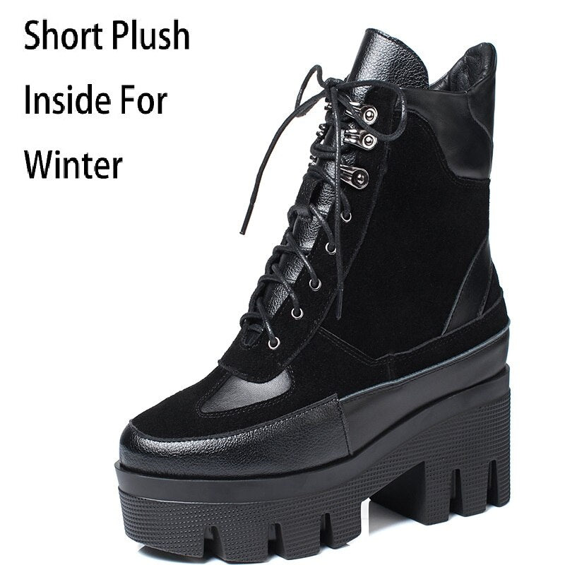 Winter Cow Leather Lace-up Women Chunky Platform Genuine Leather Ankle Boots Spring Autumn Real Leather Short Boots - Free Shipping - aurelia-clothing-8955