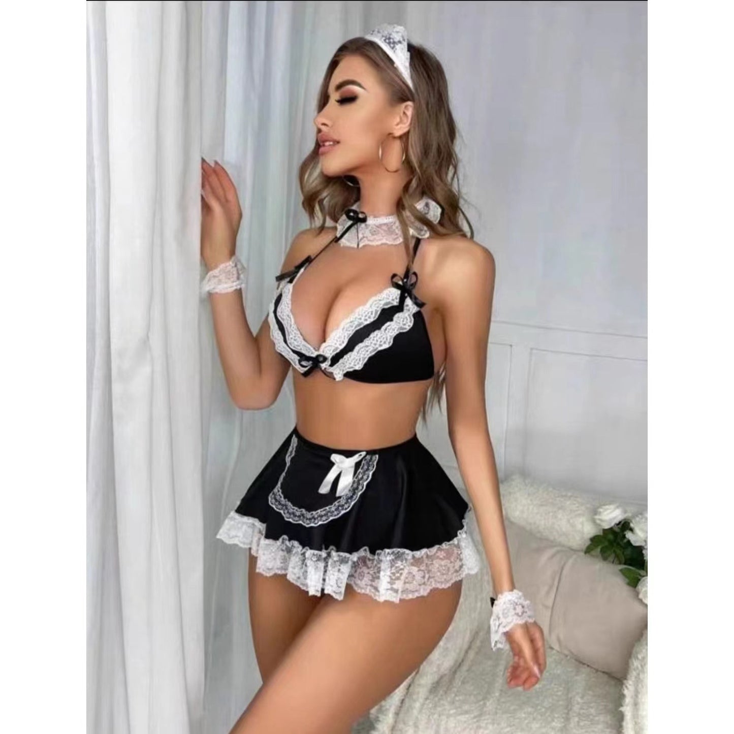 Womens Deep V Maid Bra Set Lace Girls Underwear Pure Desire Sleeping Skirt - Free Shipping - aurelia-clothing-8955