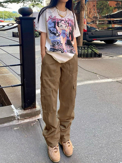 Womens Fashion Multi Pocket Straight High Waist Thin Loose Cargo Pants - Free Shipping - aurelia-clothing-8955