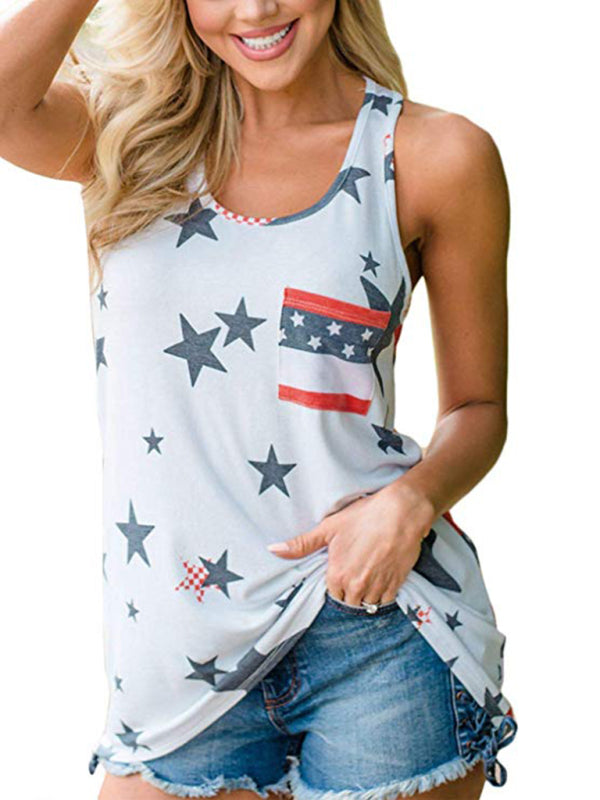 Womens Independence Day Flag Print Loose Casual Tank Top - Free Shipping - aurelia-clothing-8955