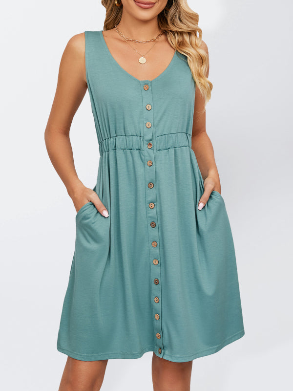 Womens Knitted Sleeveless Button Pocket Round Neck Slit Waist Dress - Free Shipping - aurelia-clothing-8955