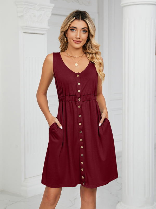 Womens Knitted Sleeveless Button Pocket Round Neck Slit Waist Dress - Free Shipping - aurelia-clothing-8955