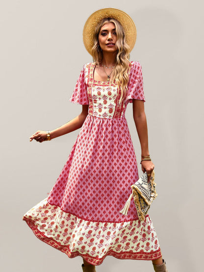Womens Neck Bohemian Short Sleeve Midi Dress-Free Shipping - aurelia-clothing-8955