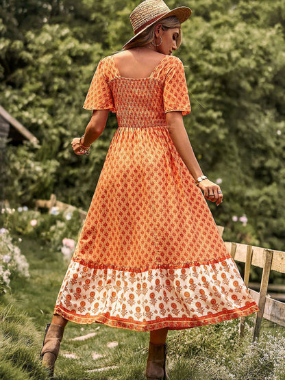 Womens Neck Bohemian Short Sleeve Midi Dress-Free Shipping - aurelia-clothing-8955