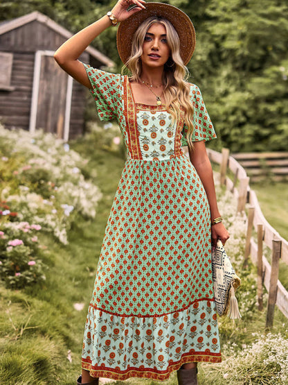 Womens Neck Bohemian Short Sleeve Midi Dress-Free Shipping - aurelia-clothing-8955