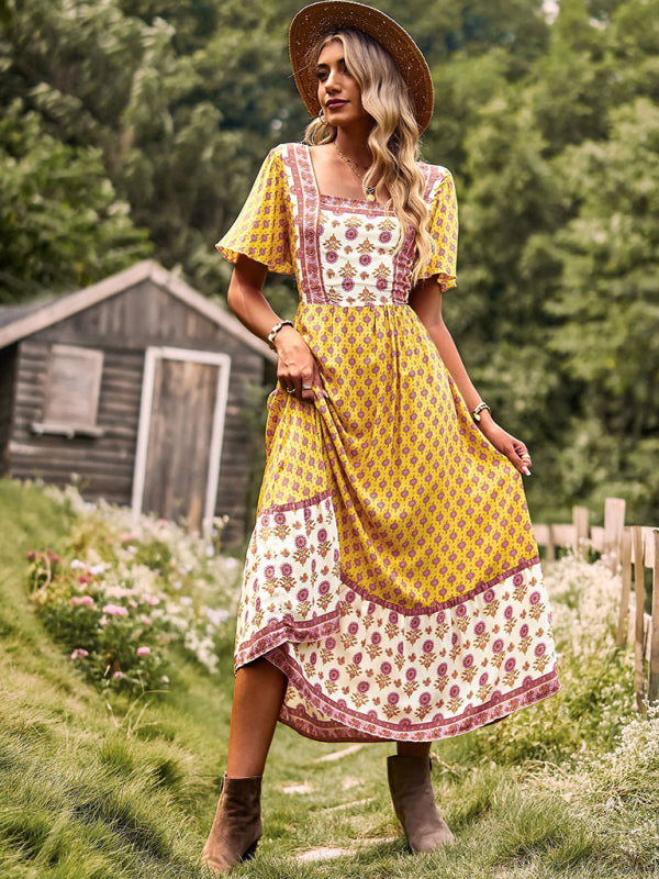Womens Neck Bohemian Short Sleeve Midi Dress-Free Shipping - aurelia-clothing-8955