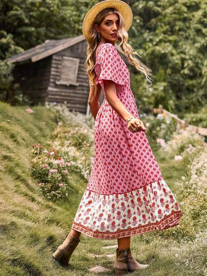 Womens Neck Bohemian Short Sleeve Midi Dress-Free Shipping - aurelia-clothing-8955