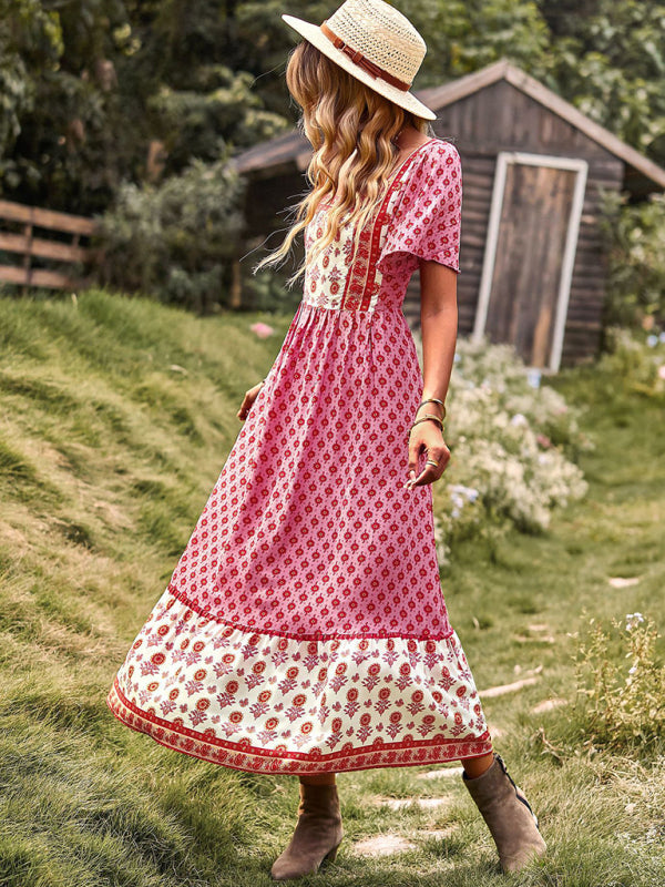 Womens Neck Bohemian Short Sleeve Midi Dress-Free Shipping - aurelia-clothing-8955