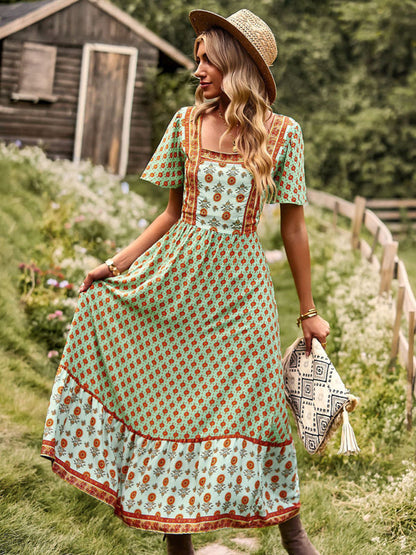 Womens Neck Bohemian Short Sleeve Midi Dress-Free Shipping - aurelia-clothing-8955