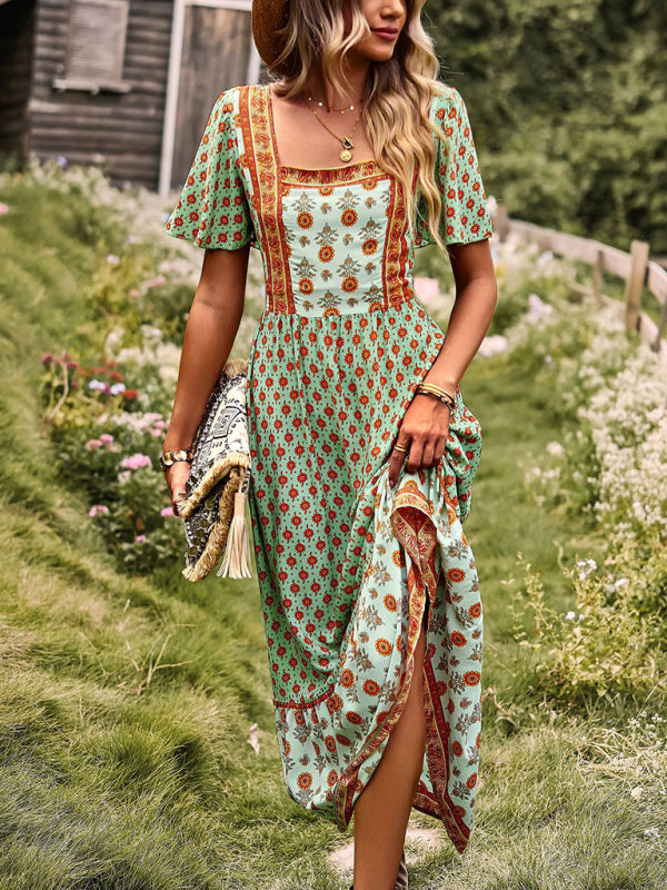 Womens Neck Bohemian Short Sleeve Midi Dress-Free Shipping - aurelia-clothing-8955