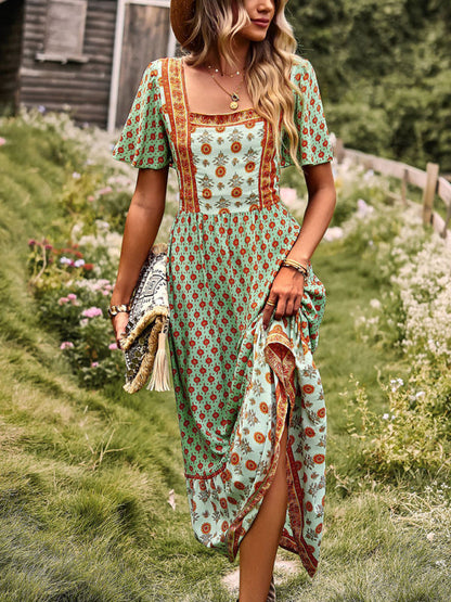 Womens Neck Bohemian Short Sleeve Midi Dress-Free Shipping - aurelia-clothing-8955