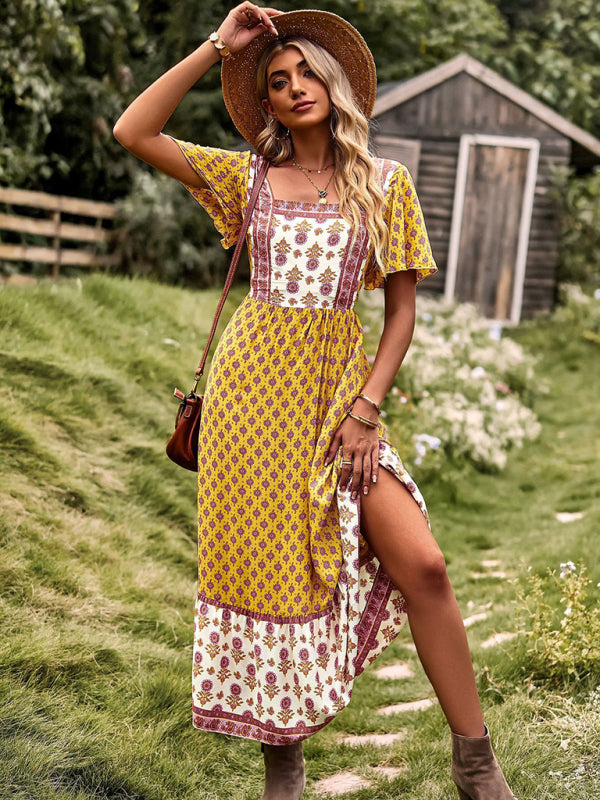 Womens Neck Bohemian Short Sleeve Midi Dress-Free Shipping - aurelia-clothing-8955