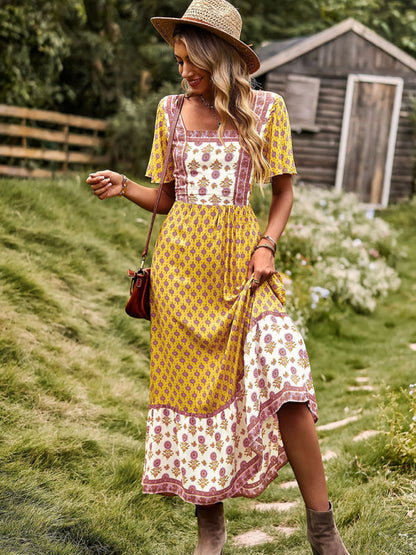 Womens Neck Bohemian Short Sleeve Midi Dress-Free Shipping - aurelia-clothing-8955