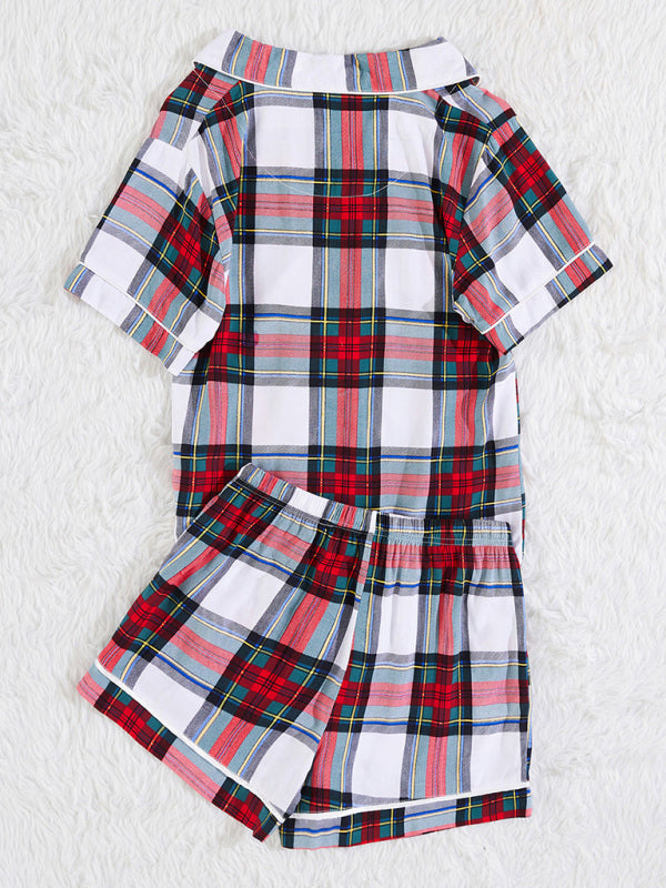 Womens Plaid Short Sleeve Shorts Homewear Set - Free Shipping - aurelia-clothing-8955