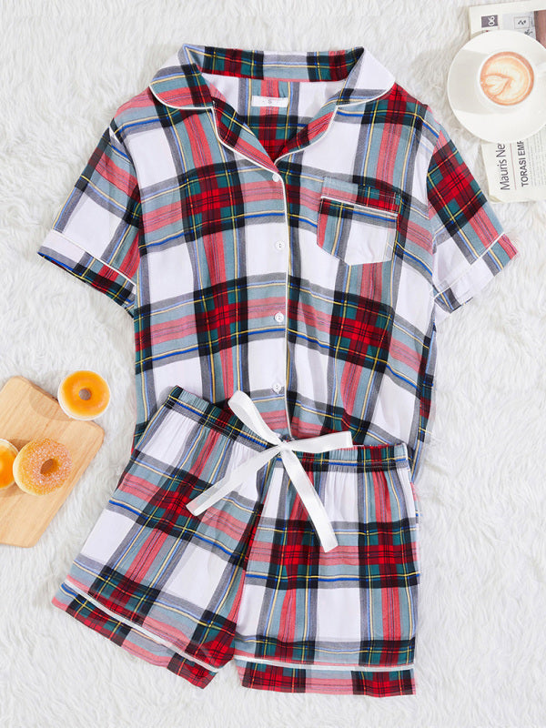 Womens Plaid Short Sleeve Shorts Homewear Set - Free Shipping - aurelia-clothing-8955