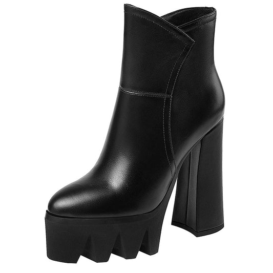 Womens Short Boots High Heels Leather Thick Heel Platform Platform Boots Autumn and Winter New Boots - Free Shipping - aurelia-clothing-8955