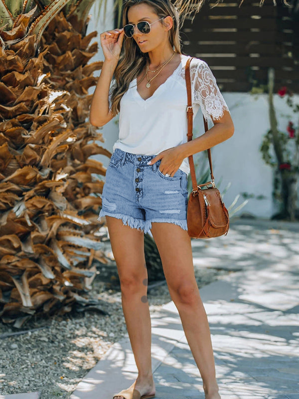Womens Shorts Mid Waist Buttoned Jeans Washed Ripped Denim Shorts - Free Shipping - aurelia-clothing-8955