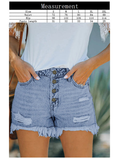 Womens Shorts Mid Waist Buttoned Jeans Washed Ripped Denim Shorts - Free Shipping - aurelia-clothing-8955