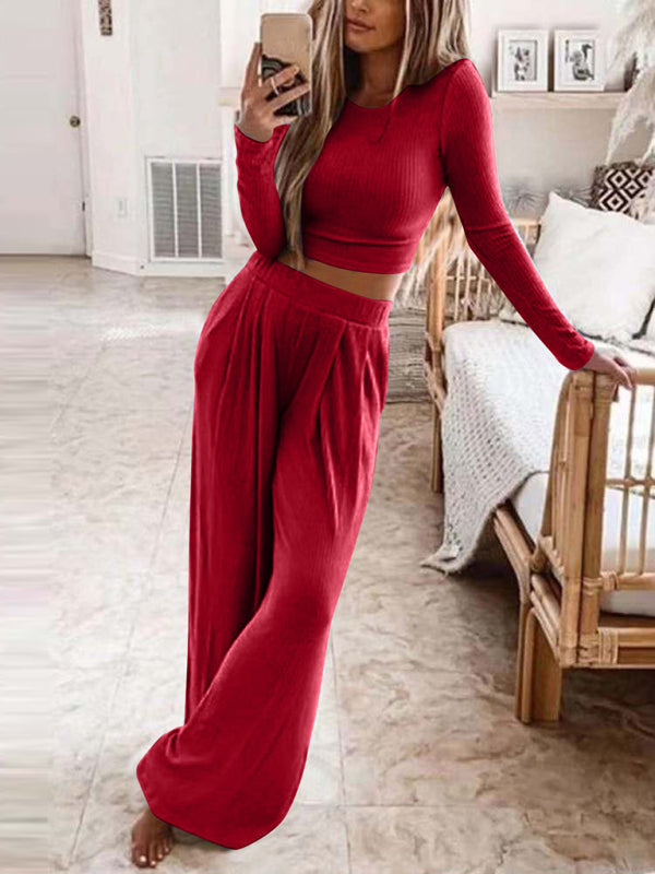 Womens Solid Color Knitted Casual Home Two-Piece Suit - Free Shipping - aurelia-clothing-8955