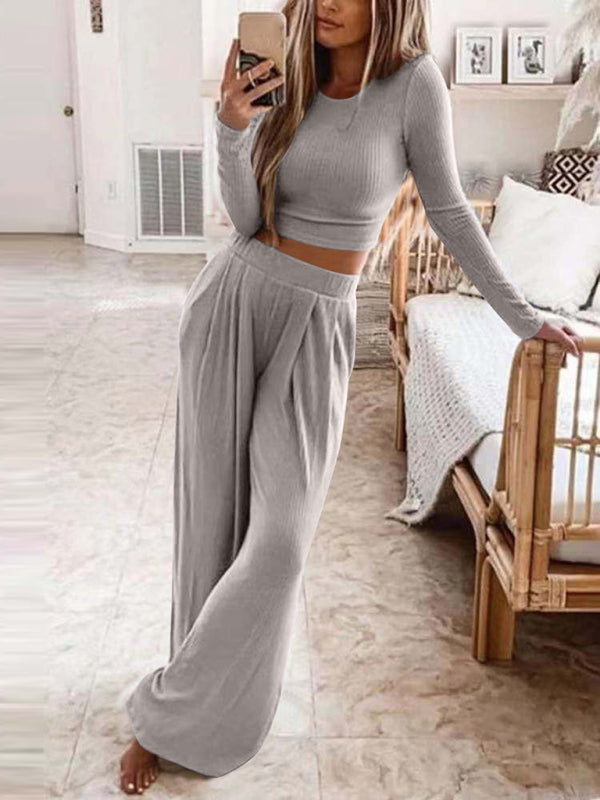 Womens Solid Color Knitted Casual Home Two-Piece Suit - Free Shipping - aurelia-clothing-8955