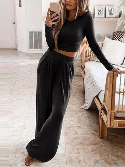 Womens Solid Color Knitted Casual Home Two-Piece Suit - Free Shipping - aurelia-clothing-8955
