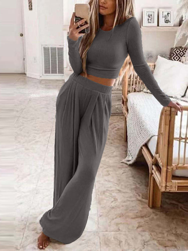 Womens Solid Color Knitted Casual Home Two-Piece Suit - Free Shipping - aurelia-clothing-8955