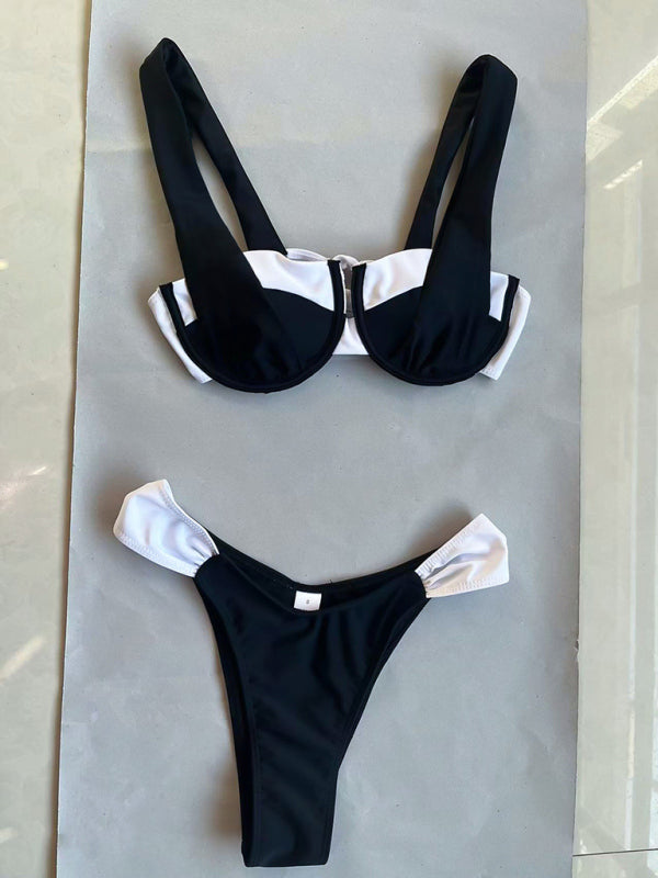 Womens black and white color matching beach strap suspender sexy two piece bikini - Free Shipping - aurelia-clothing-8955