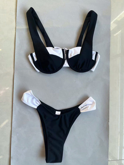 Womens black and white color matching beach strap suspender sexy two piece bikini - Free Shipping - aurelia-clothing-8955