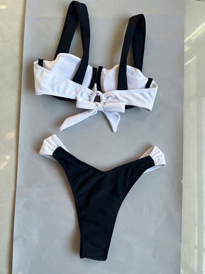 Womens black and white color matching beach strap suspender sexy two piece bikini - Free Shipping - aurelia-clothing-8955