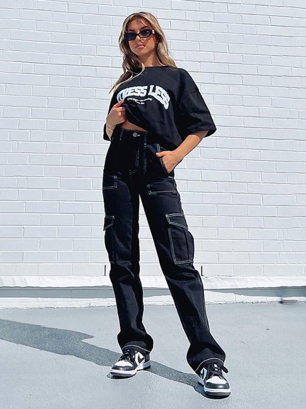 Womens fashionable patchwork straight multi-pocket overalls - Free Shipping - aurelia-clothing-8955