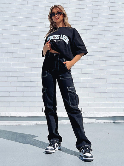 Womens fashionable patchwork straight multi-pocket overalls - Free Shipping - aurelia-clothing-8955