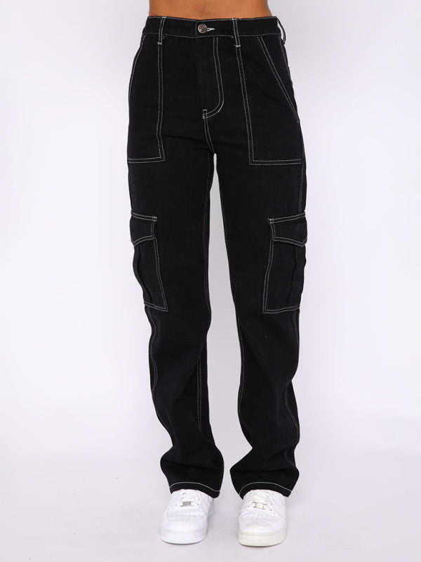 Womens fashionable patchwork straight multi-pocket overalls - Free Shipping - aurelia-clothing-8955