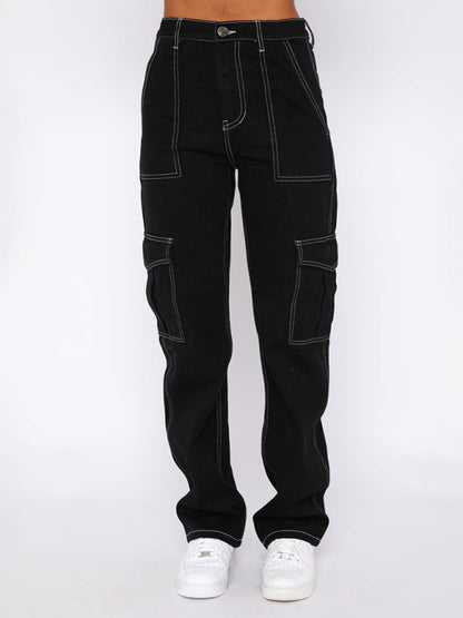 Womens fashionable patchwork straight multi-pocket overalls - Free Shipping - aurelia-clothing-8955