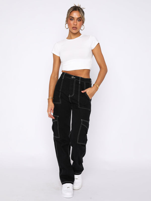 Womens fashionable patchwork straight multi-pocket overalls - Free Shipping - aurelia-clothing-8955